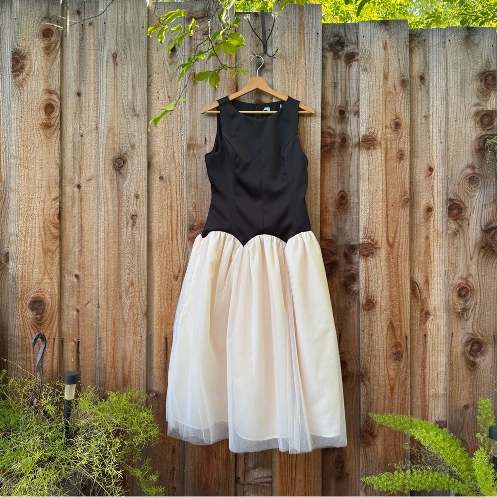 Black and Cream Satin Drop-Style Waist Tulle Midi Dress 🌿 - Picture 5 of 10